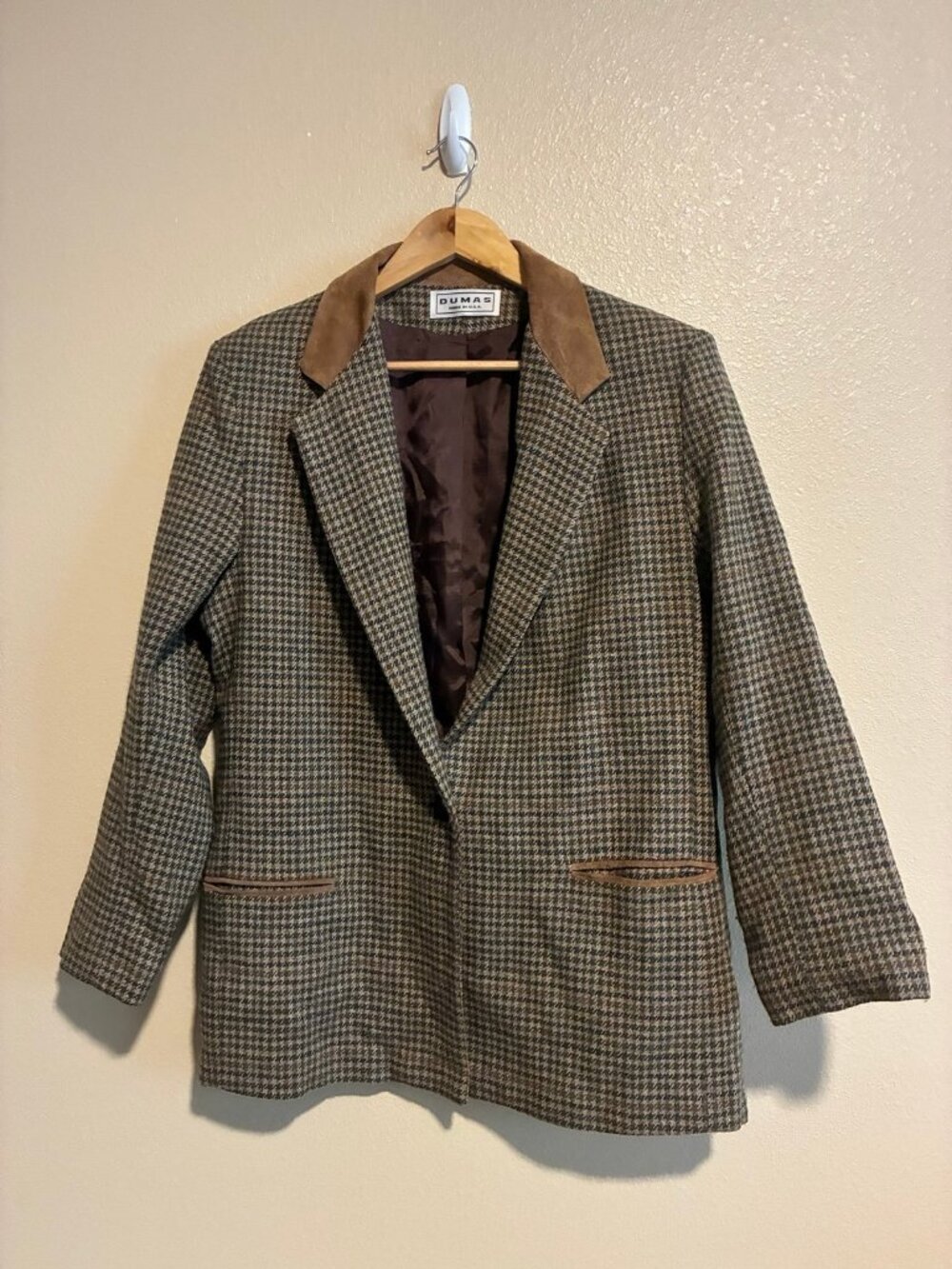 Vintage DUMAS Women's Houndstooth Blazer with Suede Accents Size 6